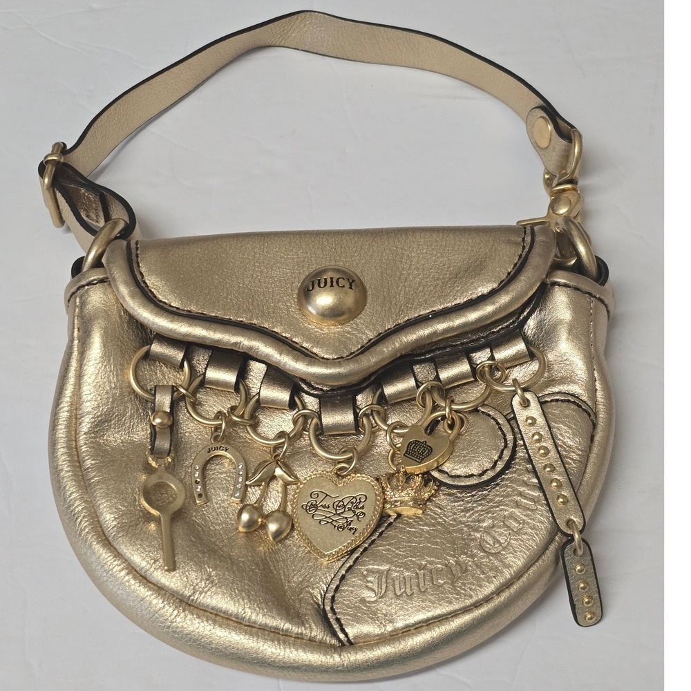 Vintage Y2K Juicy Couture Mini Wristlet Metallic Gold Leather Charm McBling Bag